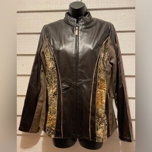 Brown Leather & Mixed Fabric Moto Jacket